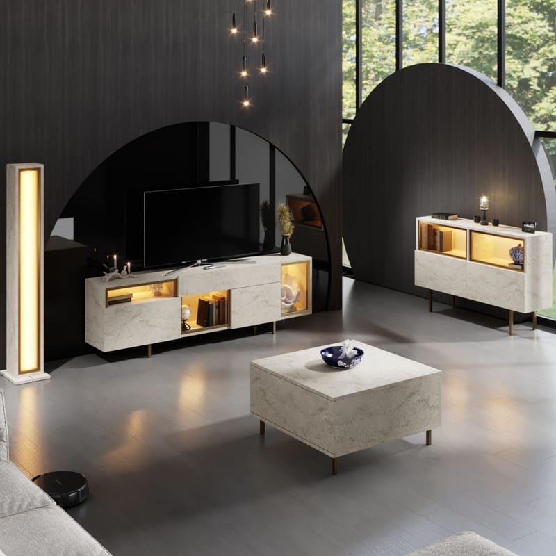 Denvar TV-bänk 180x55x32 cm - travertin och guld - Möbler - TV- & Mediamöbler - TV bänk & mediabänk