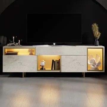 Denvar TV-bänk 180x55x32 cm - travertin och guld - Möbler - TV- & Mediamöbler - TV bänk & mediabänk