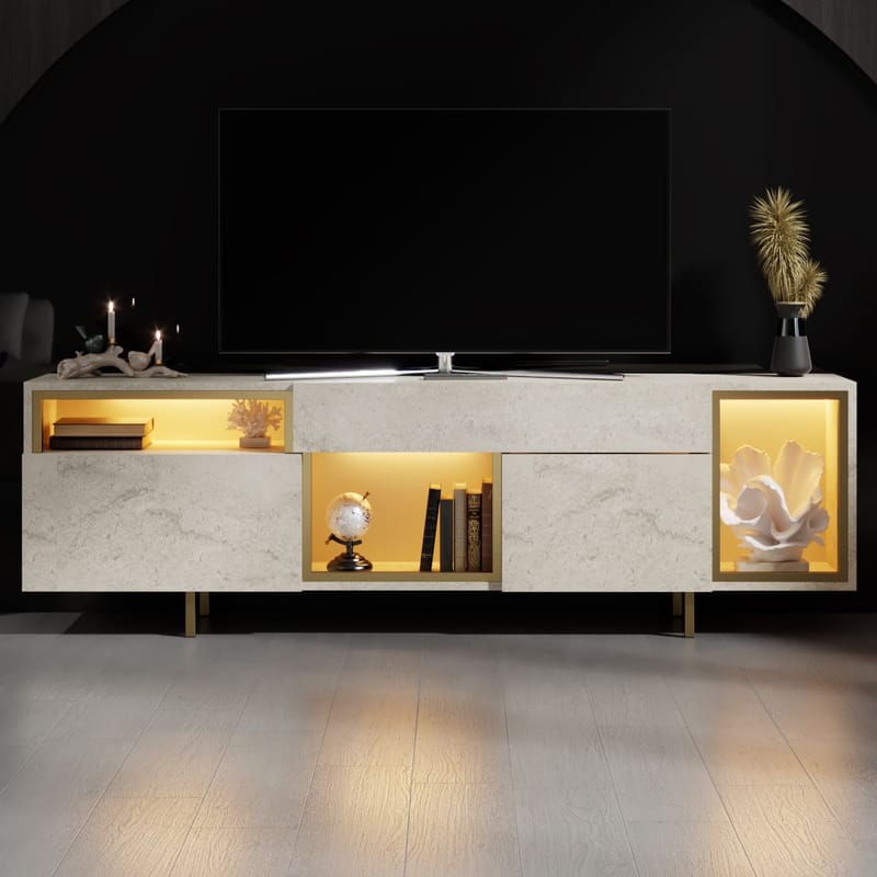 Denvar TV-bänk 180x55x32 cm - travertin och guld - Möbler - TV- & Mediamöbler - TV bänk & mediabänk