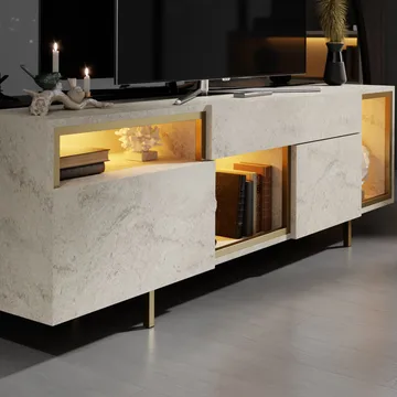 Denvar TV-bänk 180x55x32 cm - travertin och guld - Möbler - TV- & Mediamöbler - TV bänk & mediabänk