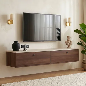 Dovren TV-bänk 140x25x25 cm - Travertin och valnöt - Möbler - TV- & Mediamöbler - TV-hylla
