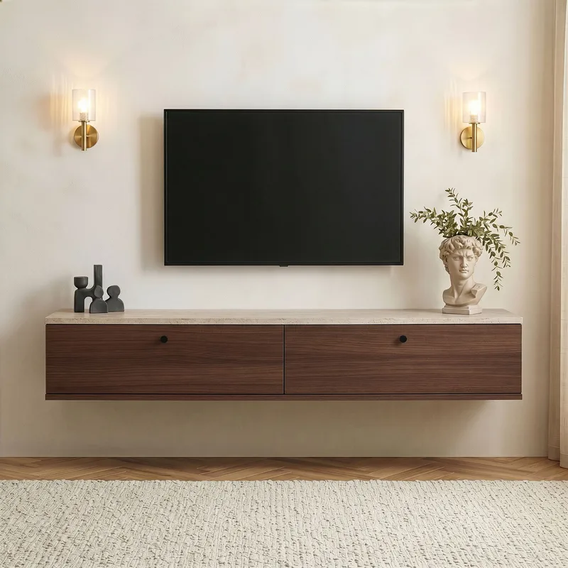 Dovren TV-bänk 160x25x25 cm - Travertin och valnöt - Möbler - TV- & Mediamöbler - TV-hylla