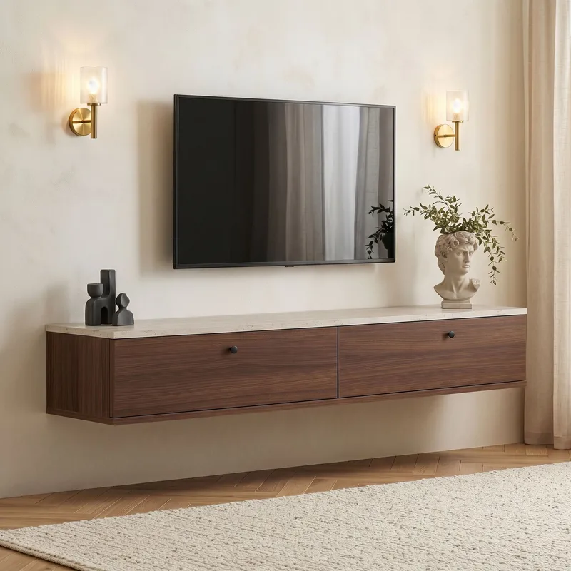 Dovren TV-bänk 160x25x25 cm - Travertin och valnöt - Möbler - TV- & Mediamöbler - TV-hylla