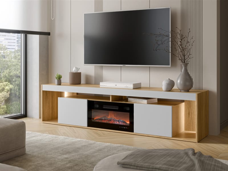 Fiorea Tv-bänk 200 cm med eldstad med värmefunktion - Brun och grå - Möbler - TV- & Mediamöbler - TV bänk & mediabänk