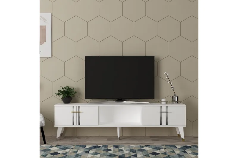 Harsum Tv-bänk 150 cm, Vit/Silver