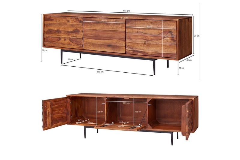 Lowboard Wohnling Massivt trä med förvaring, 3 dörrar, lantlig stil - Möbler - TV- & Mediamöbler - TV-skåp