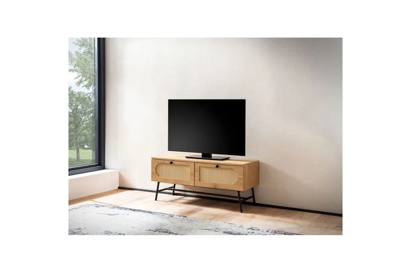 Lowboard Wohnling Melaminbelagd MDF-ekoptik, rottingfront, 2 lådor, metallben Modern - Möbler - TV- & Mediamöbler - TV-skåp