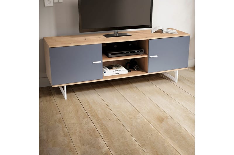 Lowboard Wohnling modernt spånskiva, 2 dörrar, förvaringsbrickor, metallben, modern stil Ek, Grå - Ek, Grå - Möbler - TV- & Mediamöbler - TV-skåp