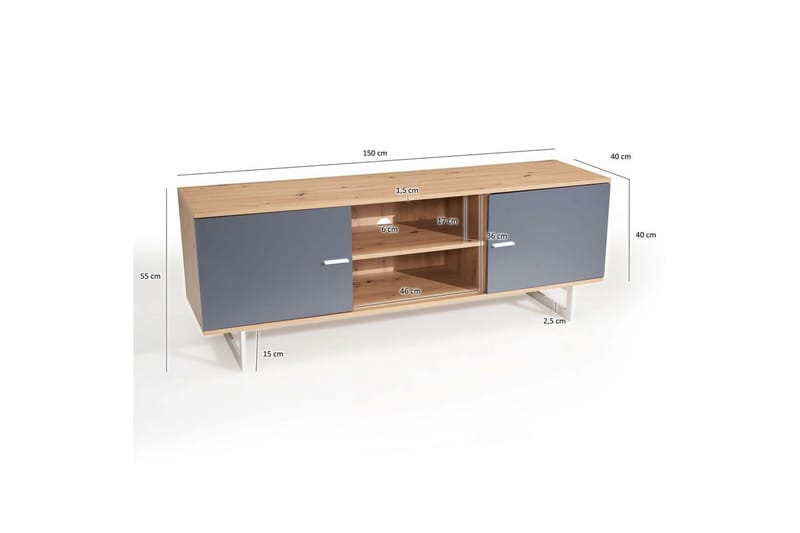 Lowboard Wohnling modernt spånskiva, 2 dörrar, förvaringsbrickor, metallben, modern stil Ek, Grå - Ek, Grå - Möbler - TV- & Mediamöbler - TV-skåp