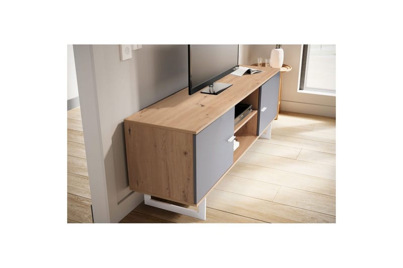 Lowboard Wohnling modernt spånskiva, 2 dörrar, förvaringsbrickor, metallben, modern stil Ek, Grå - Ek, Grå - Möbler - TV- & Mediamöbler - TV-skåp