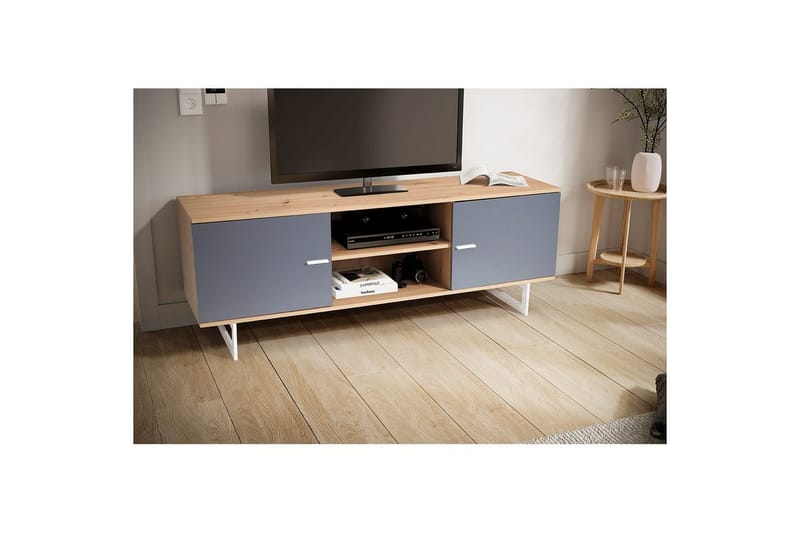 Lowboard Wohnling modernt spånskiva, 2 dörrar, förvaringsbrickor, metallben, modern stil Ek, Grå - Ek, Grå - Möbler - TV- & Mediamöbler - TV-skåp