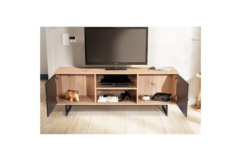 Lowboard Wohnling modernt spånskiva, 2 dörrar, förvaringsbrickor, metallben, modern stil Ek, Svart - Ek, Svart - Möbler - TV- & Mediamöbler - TV-skåp