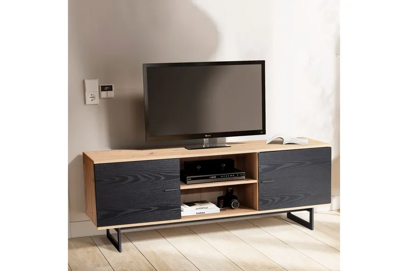 Lowboard Wohnling modernt spånskiva, 2 dörrar, förvaringsbrickor, metallben, modern stil Ek, Svart - Ek, Svart - Möbler - TV- & Mediamöbler - TV-skåp