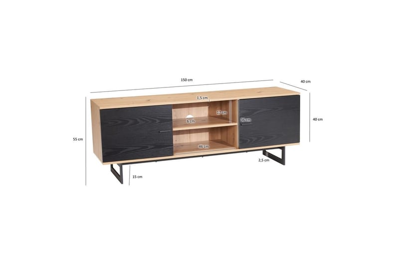 Lowboard Wohnling modernt spånskiva, 2 dörrar, förvaringsbrickor, metallben, modern stil Ek, Svart - Ek, Svart - Möbler - TV- & Mediamöbler - TV-skåp