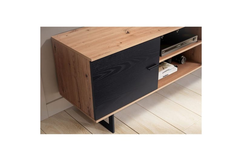 Lowboard Wohnling modernt spånskiva, 2 dörrar, förvaringsbrickor, metallben, modern stil Ek, Svart - Ek, Svart - Möbler - TV- & Mediamöbler - TV-skåp