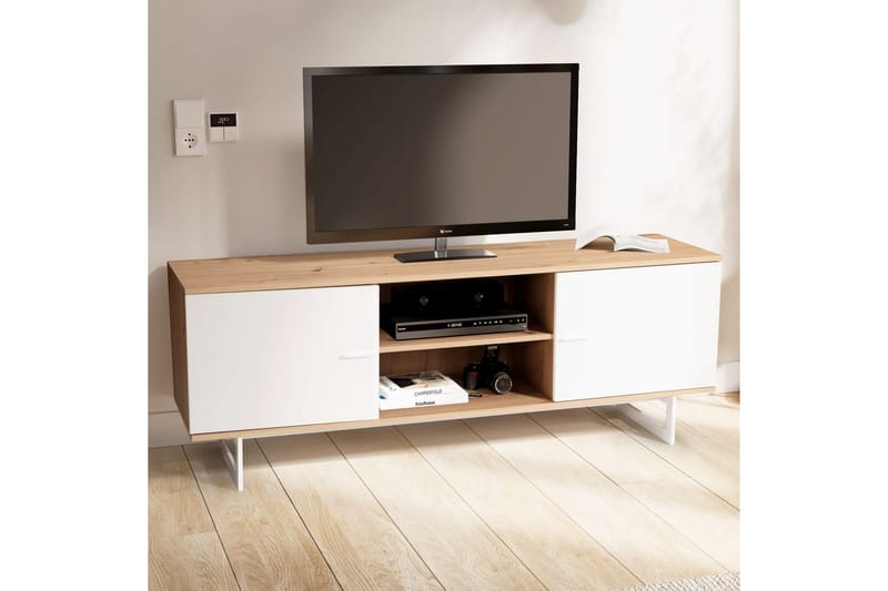 Lowboard Wohnling modernt spånskiva, 2 dörrar, förvaringsbrickor, metallben, modern stil Ek, Vit - Ek, Vit - Möbler - TV- & Mediamöbler - TV-skåp
