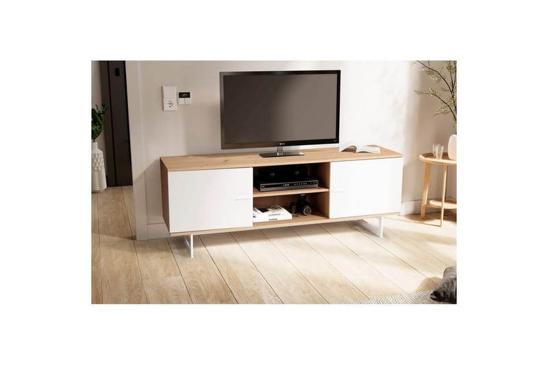 Lowboard Wohnling modernt spånskiva, 2 dörrar, förvaringsbrickor, metallben, modern stil Ek, Vit - Ek, Vit - Möbler - TV- & Mediamöbler - TV-skåp