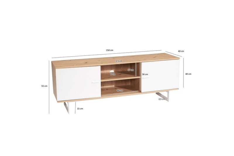 Lowboard Wohnling modernt spånskiva, 2 dörrar, förvaringsbrickor, metallben, modern stil Ek, Vit - Ek, Vit - Möbler - TV- & Mediamöbler - TV-skåp