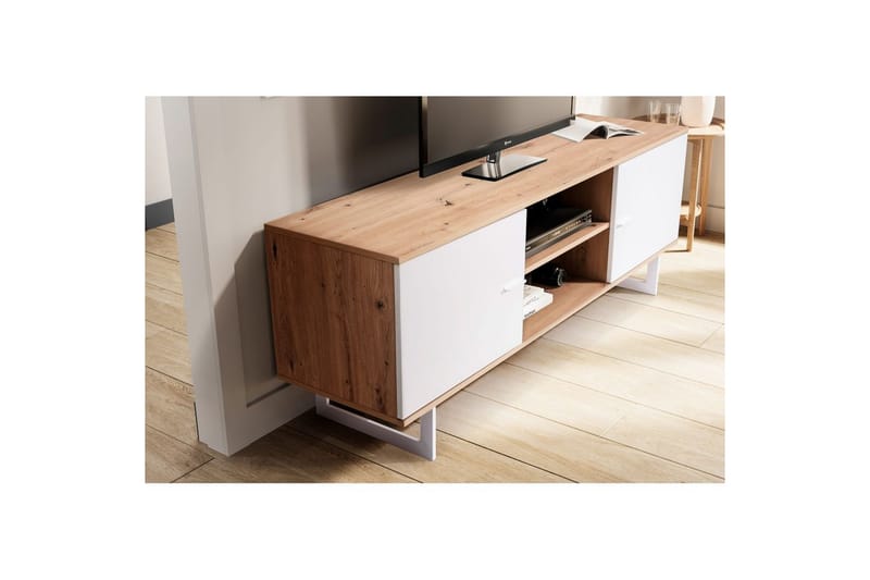 Lowboard Wohnling modernt spånskiva, 2 dörrar, förvaringsbrickor, metallben, modern stil Ek, Vit - Ek, Vit - Möbler - TV- & Mediamöbler - TV-skåp