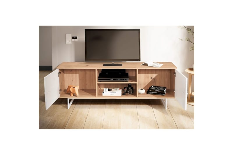 Lowboard Wohnling modernt spånskiva, 2 dörrar, förvaringsbrickor, metallben, modern stil Ek, Vit - Ek, Vit - Möbler - TV- & Mediamöbler - TV-skåp