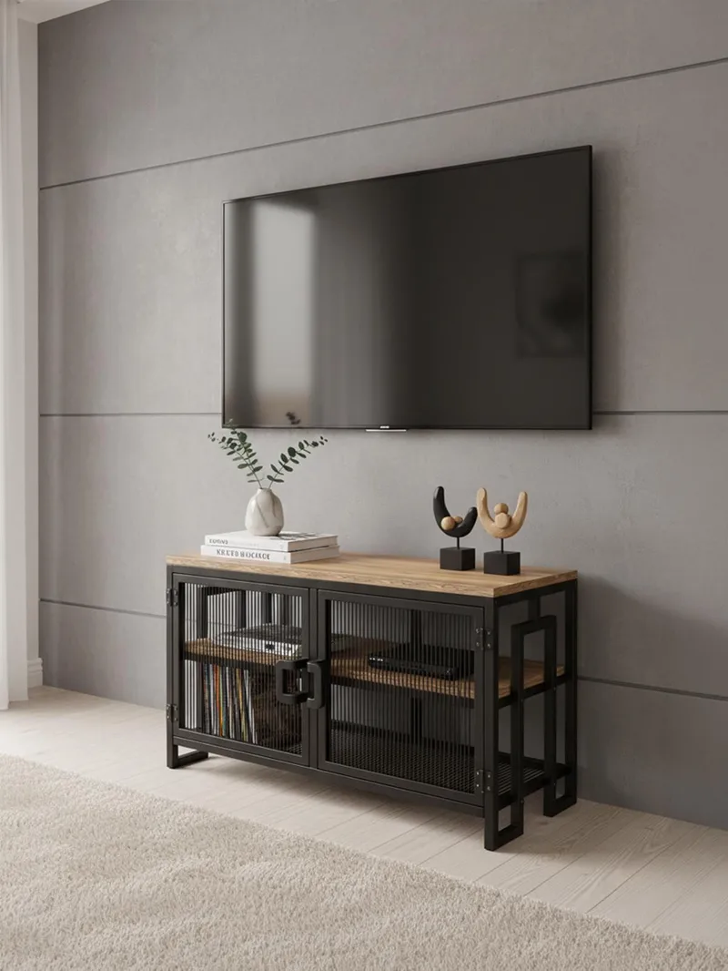 Alvorn Tv-Bänk 90 cm med Förvaring i Metall med Träskiva - Svart - Möbler - TV- & Mediamöbler - TV bänk & mediabänk