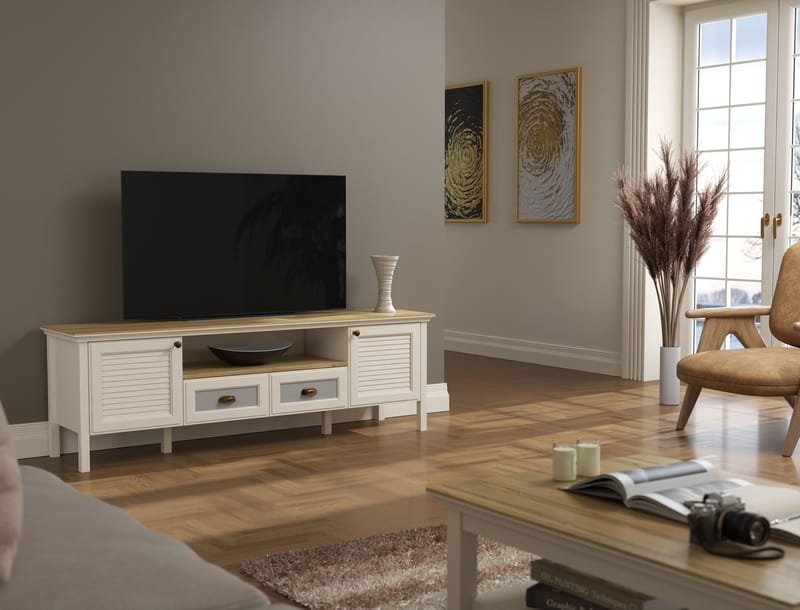 Lopira TV-bänk 180 cm - Crème, ek, grå - Möbler - TV- & Mediamöbler - Mediastativ & väggfäste - Tv-stativ & Tv-väggfäste