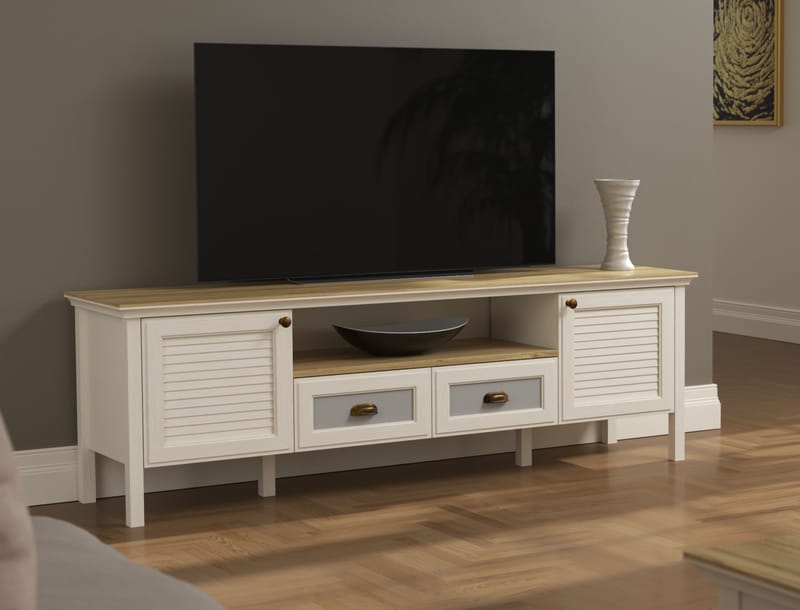 Lopira TV-bänk 180 cm - Crème, ek, grå - Möbler - TV- & Mediamöbler - Mediastativ & väggfäste - Tv-stativ & Tv-väggfäste