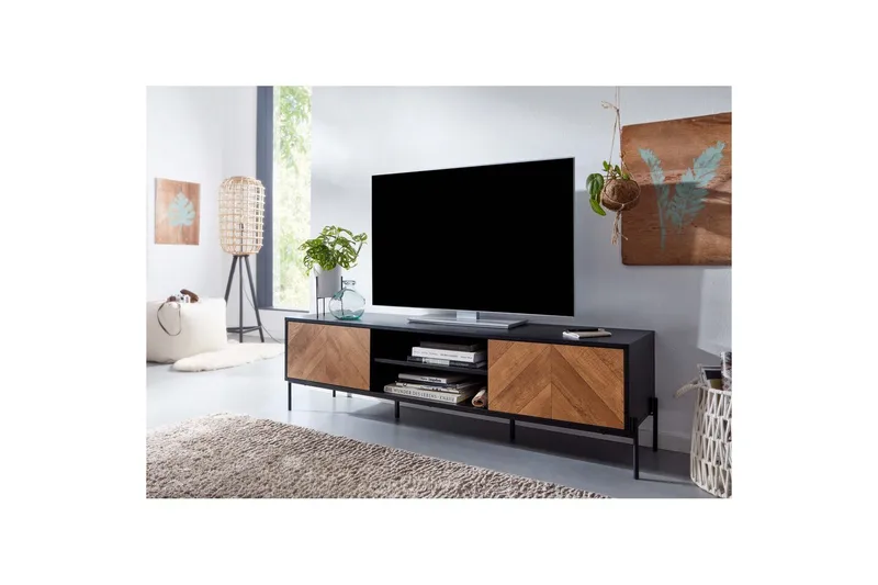 Lowboard Wohnling Ekfanerad med 2 dörrar Förvaringsbrickor Metallben Lantlig stil - Möbler - TV- & Mediamöbler - Mediastativ & väggfäste - Tv-stativ & Tv-väggfäste