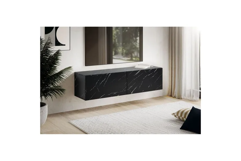Lowboard Wohnling Folierad upphängning med luckdörr, modern Marmor, Svart, 120 cm - Marmor, Svart, 120 cm - Möbler - TV- & Mediamöbler - TV-hylla