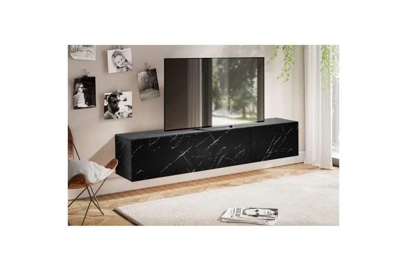 Lowboard Wohnling Folierad upphängning med luckdörr, modern Marmor, Svart, 160 cm - Marmor, Svart, 160 cm - Möbler - TV- & Mediamöbler - TV-hylla