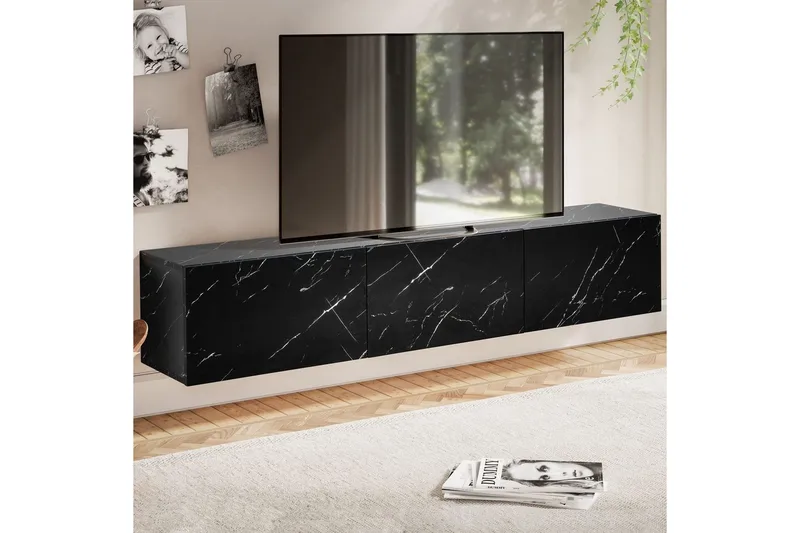 Lowboard Wohnling Folierad upphängning med luckdörr, modern Marmor, Svart, 160 cm - Marmor, Svart, 160 cm - Möbler - TV- & Mediamöbler - TV-hylla