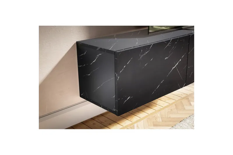 Lowboard Wohnling Folierad upphängning med luckdörr, modern Marmor, Svart, 160 cm - Marmor, Svart, 160 cm - Möbler - TV- & Mediamöbler - TV-hylla