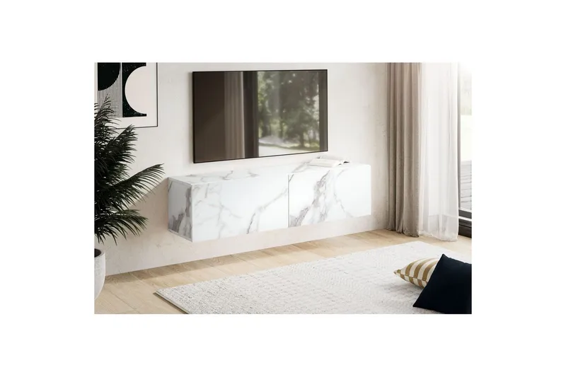 Lowboard Wohnling Folierad upphängning med luckdörr, modern Marmor, Vit, 120 cm - Marmor, Vit, 120 cm - Möbler - TV- & Mediamöbler - TV-hylla