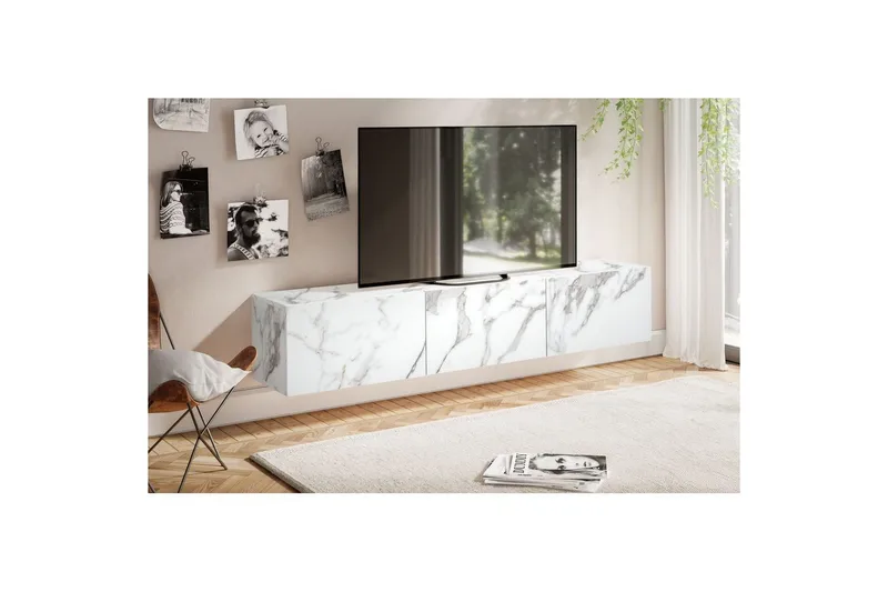 Lowboard Wohnling Folierad upphängning med luckdörr, modern Marmor, Vit, 160 cm - Marmor, Vit, 160 cm - Möbler - TV- & Mediamöbler - TV-hylla