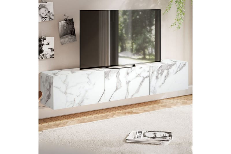 Lowboard Wohnling Folierad upphängning med luckdörr, modern Marmor, Vit, 160 cm - Marmor, Vit, 160 cm - Möbler - TV- & Mediamöbler - TV-hylla