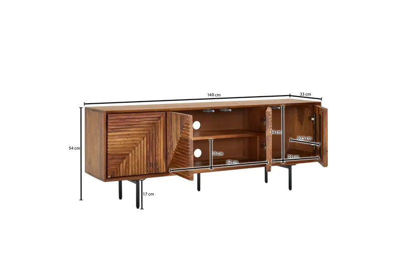 Lowboard Wohnling Massivt trä med förvaring, 4 dörrar, tryck för att öppna, lantlig stil - Möbler - TV- & Mediamöbler - TV bänk & mediabänk