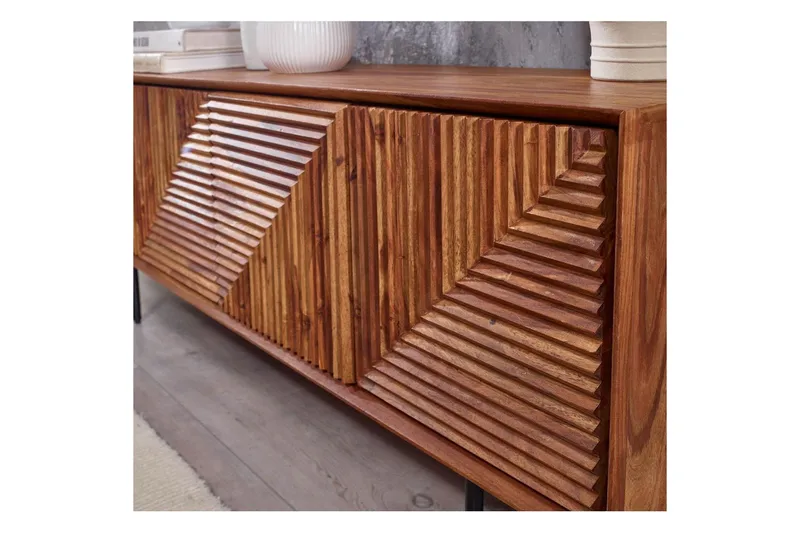 Lowboard Wohnling Massivt trä med förvaring, 4 dörrar, tryck för att öppna, lantlig stil - Möbler - TV- & Mediamöbler - TV bänk & mediabänk