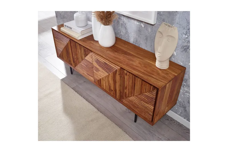 Lowboard Wohnling Massivt trä med förvaring, 4 dörrar, tryck för att öppna, lantlig stil - Möbler - TV- & Mediamöbler - TV bänk & mediabänk