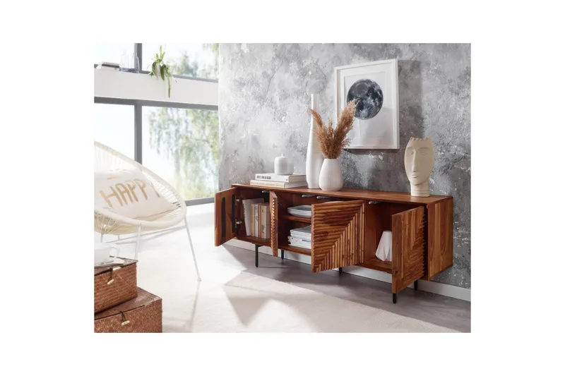 Lowboard Wohnling Massivt trä med förvaring, 4 dörrar, tryck för att öppna, lantlig stil - Möbler - TV- & Mediamöbler - TV bänk & mediabänk