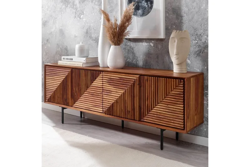 Lowboard Wohnling Massivt trä med förvaring, 4 dörrar, tryck för att öppna, lantlig stil - Möbler - TV- & Mediamöbler - TV bänk & mediabänk