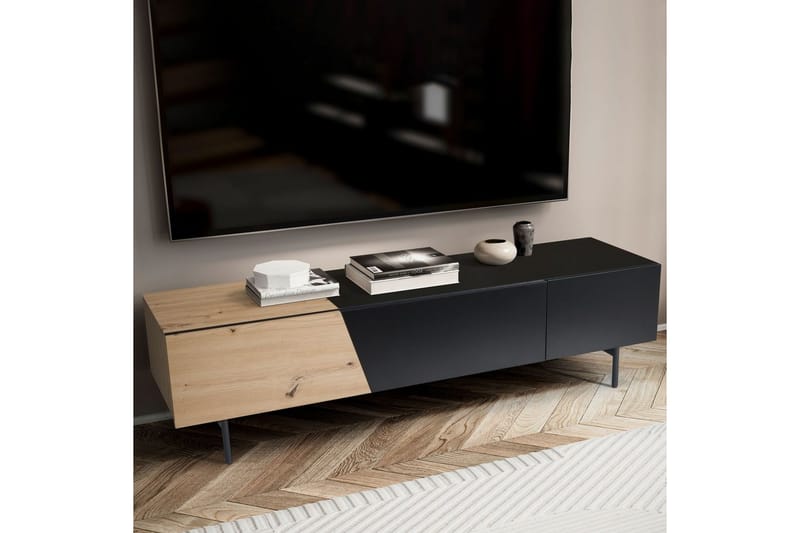 Lowboard Wohnling modernt spånskiva, 1 låda och 1 fällbar dörr, metallben, modern stil Svart, Ek - Svart, Ek - Möbler - TV- & Mediamöbler - Mediastativ & väggfäste - Tv-stativ & Tv-väggfäste