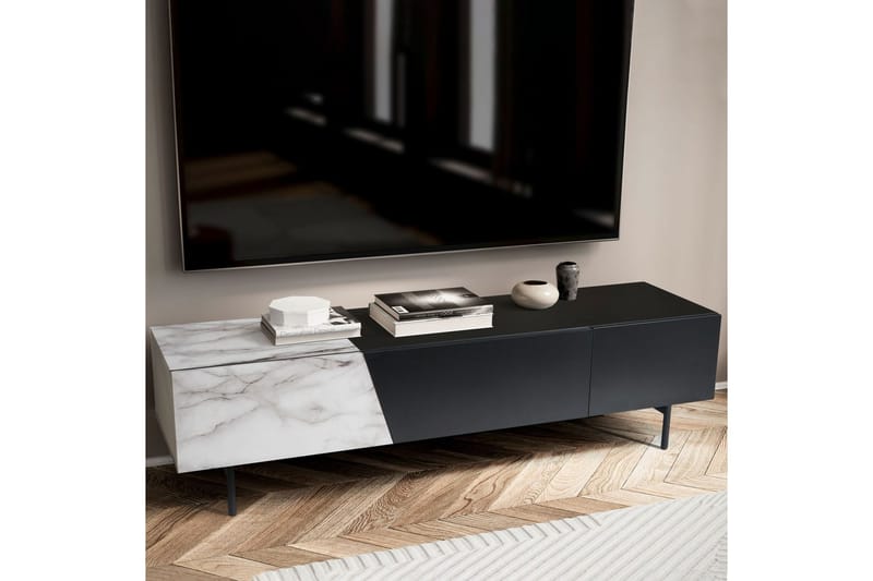 Lowboard Wohnling modernt spånskiva, 1 låda och 1 fällbar dörr, metallben, modern stil Svart, marmor vit - Svart, marmor vit - Möbler - TV- & Mediamöbler - Mediastativ & väggfäste - Tv-stativ & Tv-väggfäste