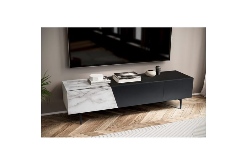 Lowboard Wohnling modernt spånskiva, 1 låda och 1 fällbar dörr, metallben, modern stil Svart, marmor vit - Svart, marmor vit - Möbler - TV- & Mediamöbler - Mediastativ & väggfäste - Tv-stativ & Tv-väggfäste