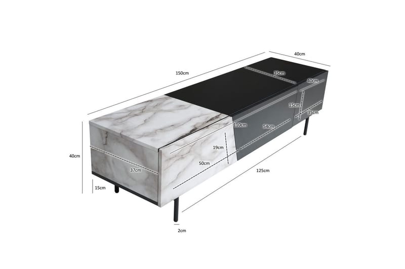 Lowboard Wohnling modernt spånskiva, 1 låda och 1 fällbar dörr, metallben, modern stil Svart, marmor vit - Svart, marmor vit - Möbler - TV- & Mediamöbler - Mediastativ & väggfäste - Tv-stativ & Tv-väggfäste