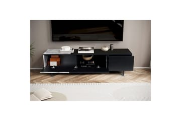 Lowboard Wohnling modernt spånskiva, 1 låda och 1 fällbar dörr, metallben, modern stil Svart, marmor vit - Svart, marmor vit - Möbler - TV- & Mediamöbler - Mediastativ & väggfäste - Tv-stativ & Tv-väggfäste