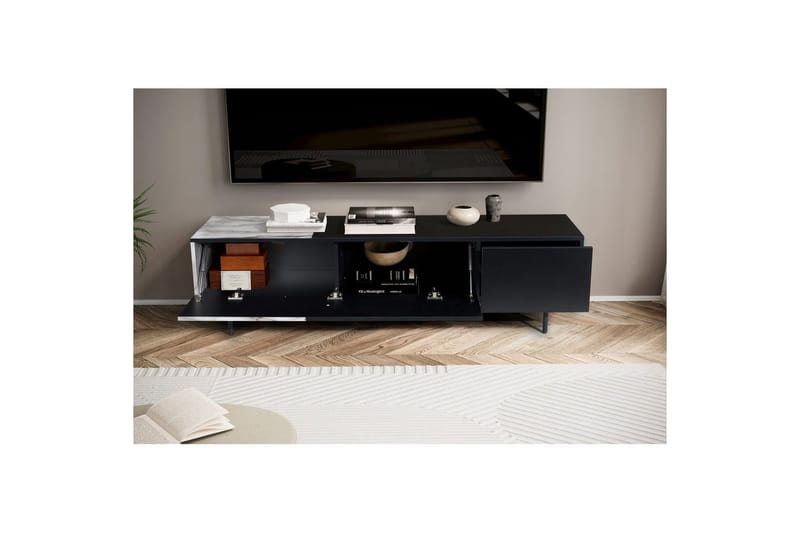 Lowboard Wohnling modernt spånskiva, 1 låda och 1 fällbar dörr, metallben, modern stil Svart, marmor vit - Svart, marmor vit - Möbler - TV- & Mediamöbler - Mediastativ & väggfäste - Tv-stativ & Tv-väggfäste