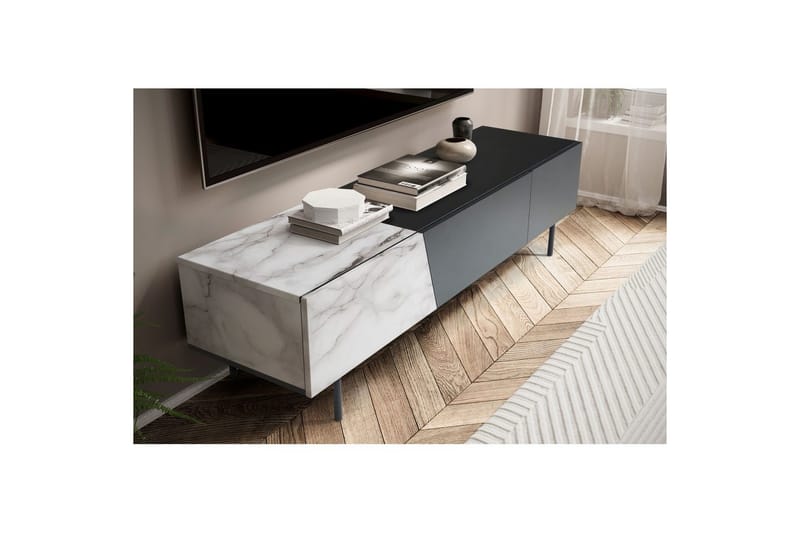 Lowboard Wohnling modernt spånskiva, 1 låda och 1 fällbar dörr, metallben, modern stil Svart, marmor vit - Svart, marmor vit - Möbler - TV- & Mediamöbler - Mediastativ & väggfäste - Tv-stativ & Tv-väggfäste