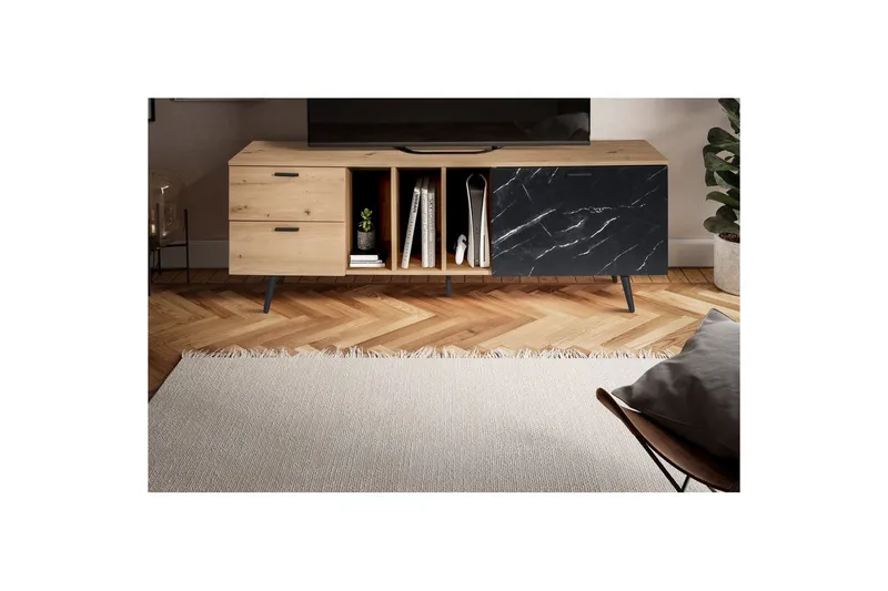 Lowboard Wohnling modernt spånskiva, 2 lådor, 1 dörr, förvaringsbrickor, metallben, modern stil Ek, Marmor, Svart - Ek, Marmor, Svart - Möbler - TV- & Mediamöbler - TV bänk & mediabänk