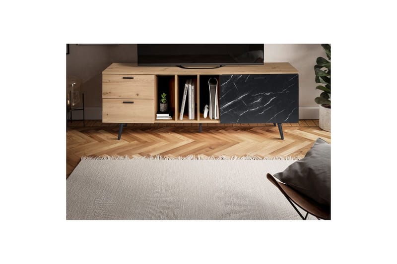 Lowboard Wohnling modernt spånskiva, 2 lådor, 1 dörr, förvaringsbrickor, metallben, modern stil Ek, Marmor, Svart - Ek, Marmor, Svart - Möbler - TV- & Mediamöbler - Mediastativ & väggfäste - Tv-stativ & Tv-väggfäste