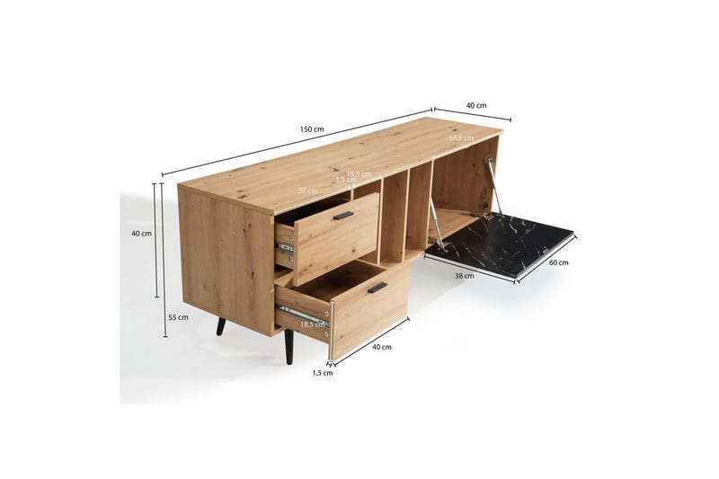Lowboard Wohnling modernt spånskiva, 2 lådor, 1 dörr, förvaringsbrickor, metallben, modern stil Ek, Marmor, Svart - Ek, Marmor, Svart - Möbler - TV- & Mediamöbler - Mediastativ & väggfäste - Tv-stativ & Tv-väggfäste